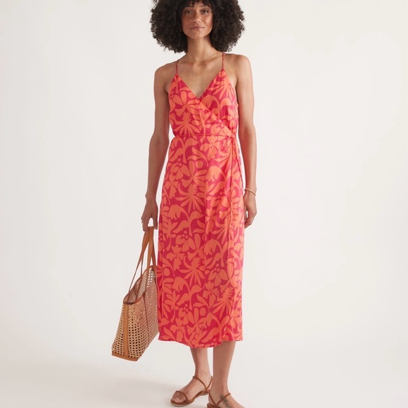 Marine Layer Dresses & Skirts - Floral Pink/orange wrap back cross Midi Dress casual classic summer